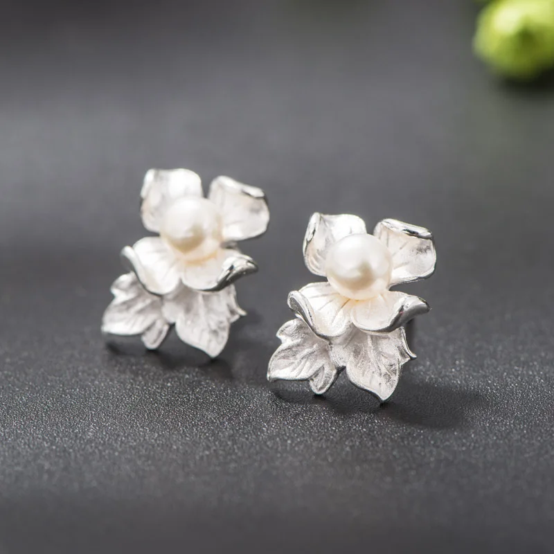

925 sterling silver new peony design earrings natural freshwater pearl earrings
