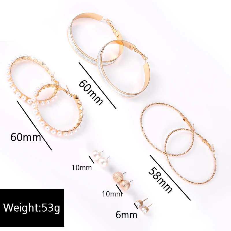Punk 6 Pieces / Set Woman Exaggerated European and American Pearl Gold Large Circle Scrub Perforated Earring Set