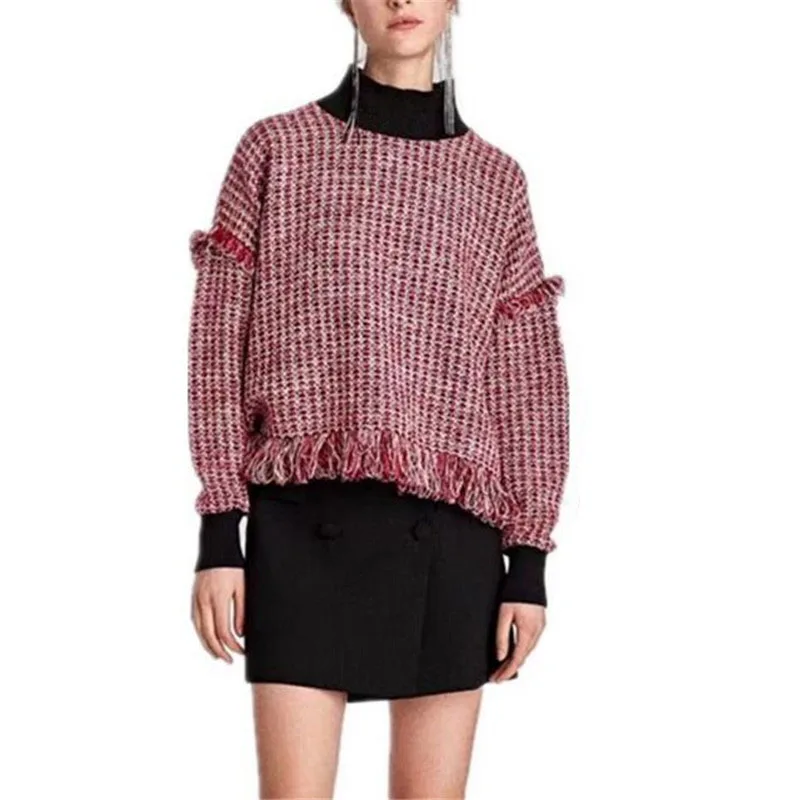 2017 England Patchwork Plaid Knitted Woolen Turtleneck Pullover Sweater Women Full Sleeve Autumn Tassel Jumper Female L1913 | Женская