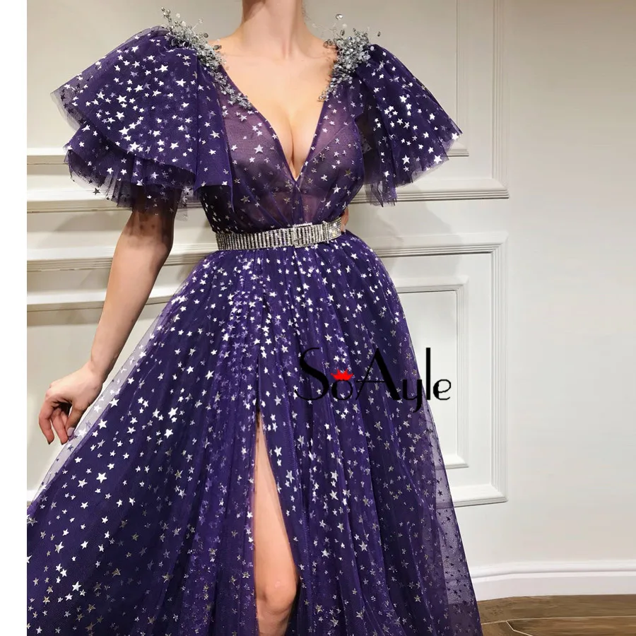 SoAyle Выпускные платья голубая звезда вечерние платья с разрезом Coronas de la Boda Bling вечерние платья Плюс блеск винтажные платья