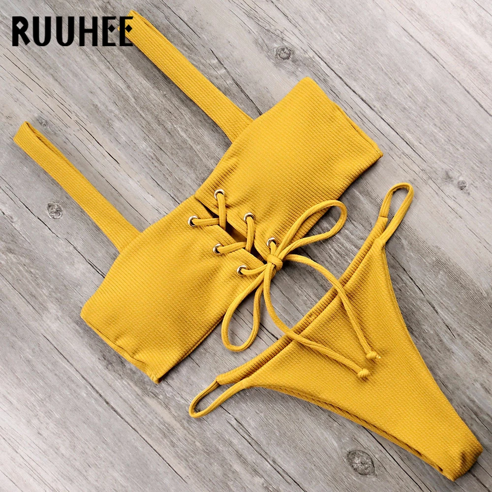 RUUHEE Bikini Swimsuit Swimwear Women Push Up Bathing Suit Bandeau Solid Bikini Set 2018 Female Beachwear