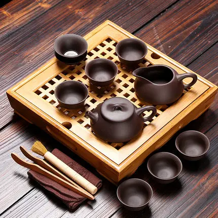 Китайский чайный набор кунг-фу керамические чайные наборы с поддоном весь чай пуэр, чай улун, чайник чашки Tieguanyin набор с бамбуковым поддоном - Цвет: 02 Sets