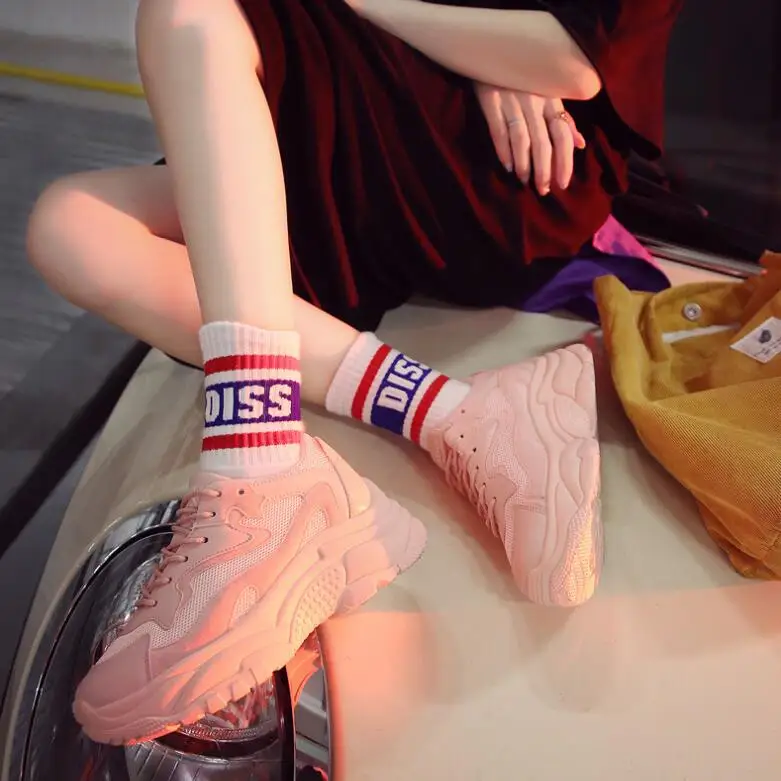 

Women's Chunky Sneakers 2019 Fashion Skate Women Platform Shoes Lace Up Pink Woman Trainers High Tops Vulcanized Dad Shoes