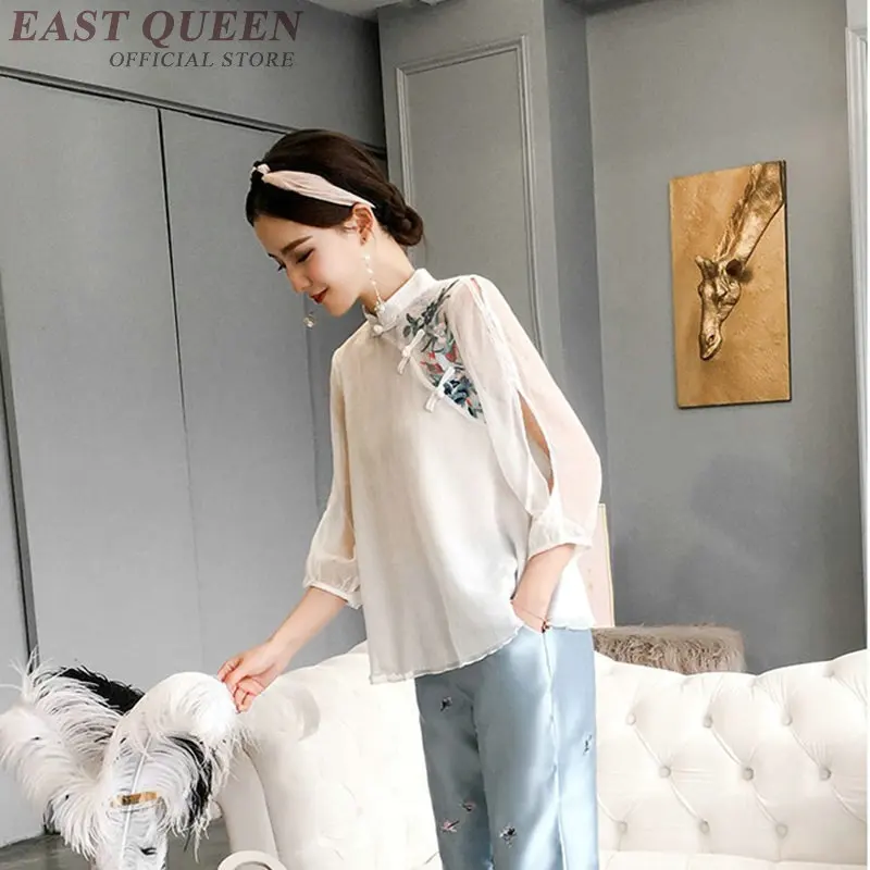 Traditional chinese blouse shirt tops for women mandarin collar oriental linen shirt blouse female elegant cheongsam top FF488