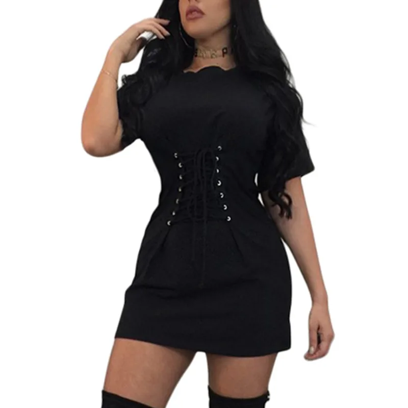 

Fashion Women Short Sleeve Shirt Dress Bandage O-Neck Lace Up Corset Belt Dress Pure Slim Sexy Ladies Mini Dress