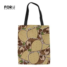 FORUDESIGNS/милая собака мопс с хлебом дизайн для женщин льняные сумки для покупок складной экологичный холщовый мешок переработки легкие сумочки