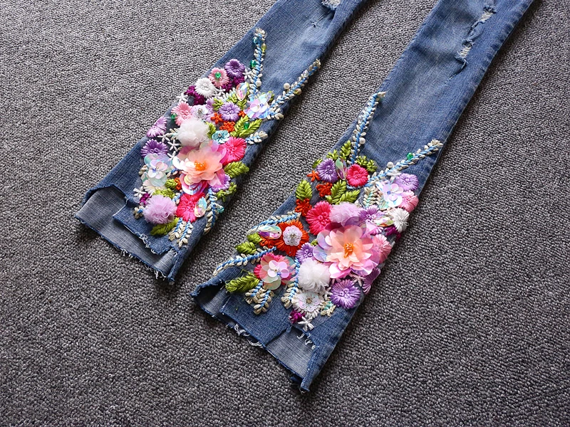 Брендовые женские модные роскошные вышитые блестки лоскут Брюки Цветы кисточки были тонкими дырками джинсы