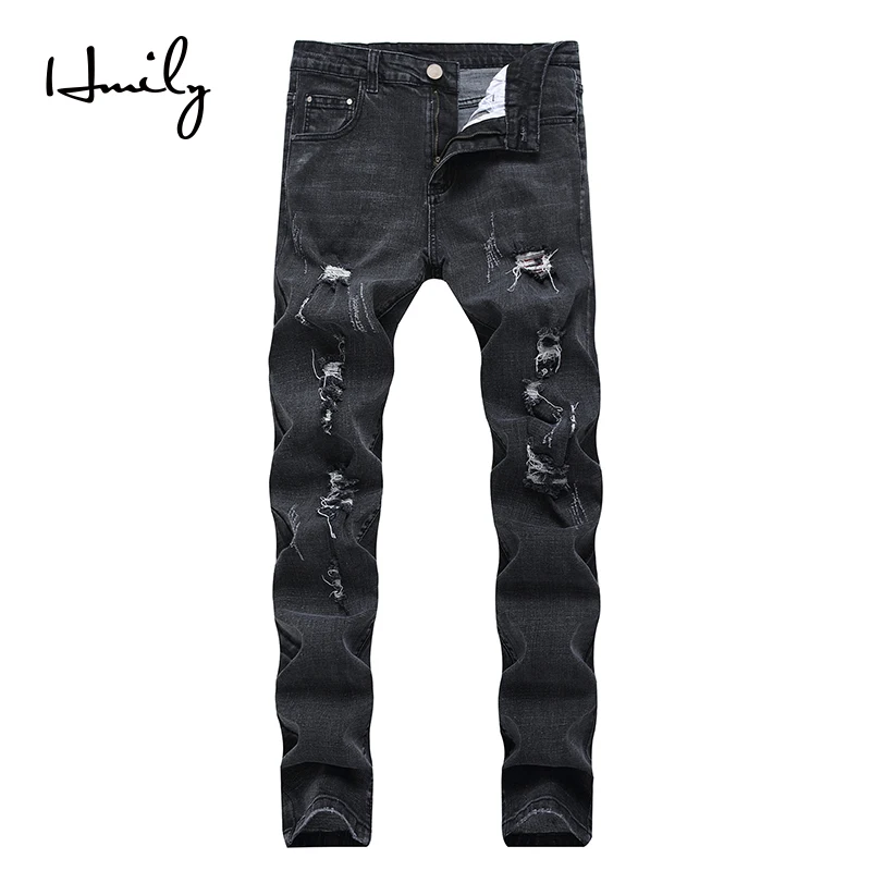HMILY New Jean Fashion Hole Jeans Men Long Trousers Embroidered Cotton Classic Straight For Male Plus Size | Мужская одежда