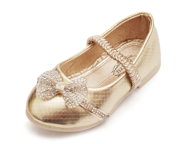 Girls Gold Rhinestone Dress Shoes Pointed Toe Bowtie Flat Children Shoesin Leather Shoes from
