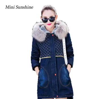 

Blue Hooded Drawstring Fur Collar Trends Jean Swish Pockets Outerwear Women Long Sleeve Coat Women Denim Jacket z30
