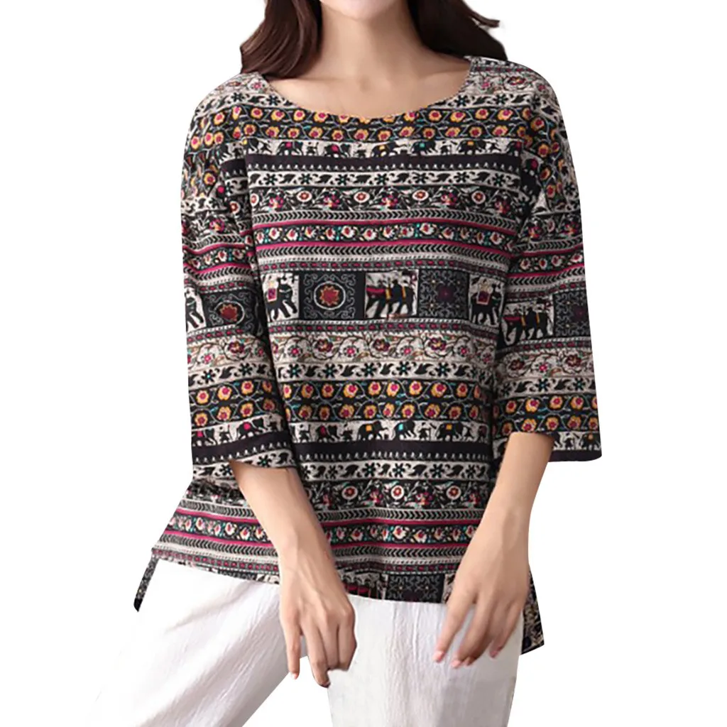 Blouses Women Ladies Cotton And Linen Print Round Neck Short Sleeve Shirts Womens Tops Blusas Mujer De Moda 2019 |