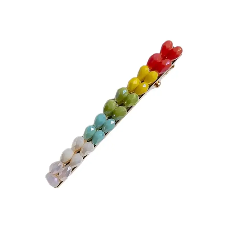 Korean Womens Gradient Rainbow Colored Duckbill Hair Clip Imitation Crystal Water Drop Long Strip Hairpins Side Bangs Barrettes - Цвет: 4