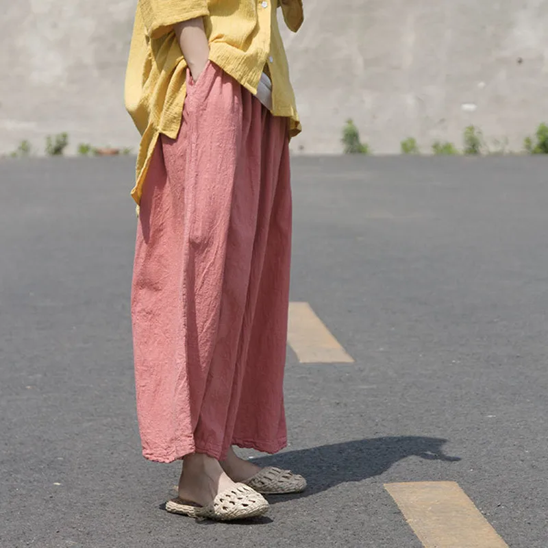 

Johnature New Solid Color Loose Pants Elastic Waist Vintage 2019 Summer Pockets Linen Ankle-Length Wide Leg Women Pants