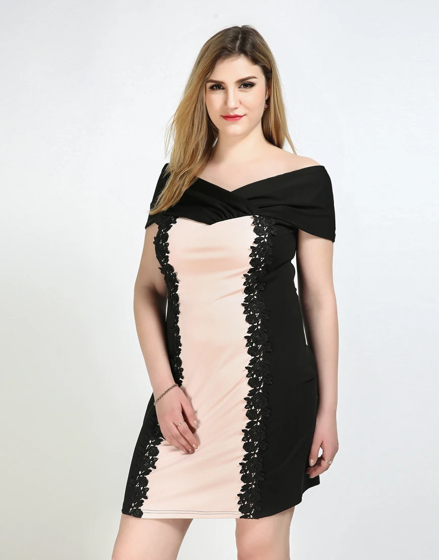 Women's Sexy V neck Plus Size Cocktail Party Dress Pink And Black Block