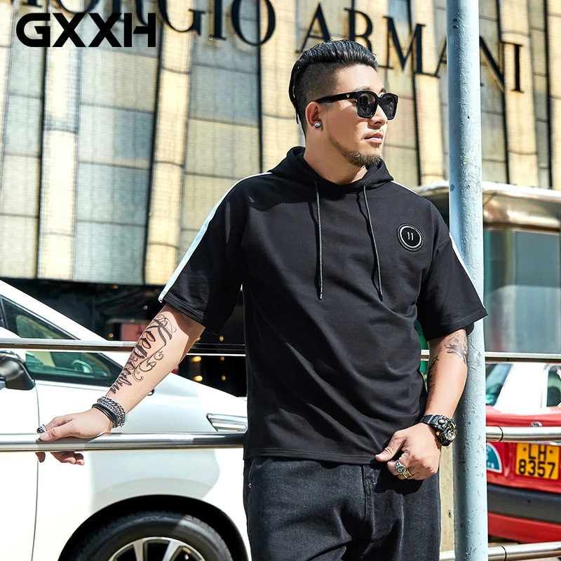 

GXXH Oversized Tee Shirt Men Plus Size 3XL 4XL 5XL 6XL 7XL Suit for 80-140KG Men Letters Print Hooded Half Sleeve Tshirt Black