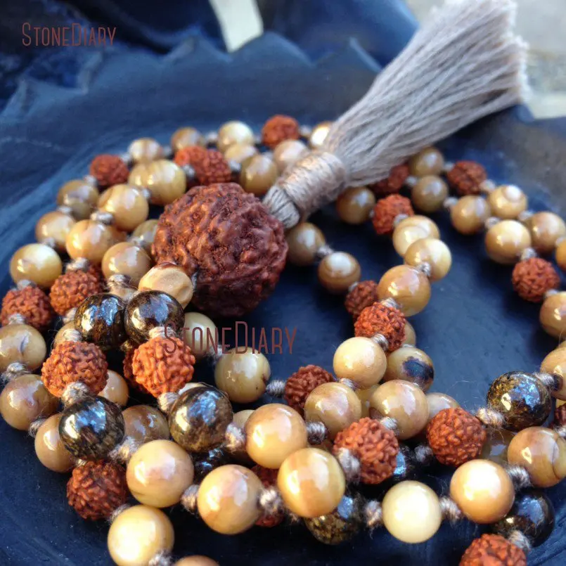 20180312-NM10950-Hand knotted Amber Shell, Bronzite & Rudraksha 108 Bead Mala