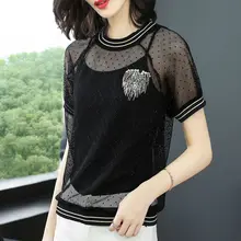 Европа и Америка Яркий шелковый газ футболка Перспектива Пикантные два комплекта Летняя мода Повседневное пайетки черная футболка футболки Лидер продаж