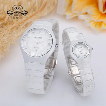 

RGENS man woman wristwatches diamond waterproof loves clocks women mens ceramics watches quartz black white luxury brand