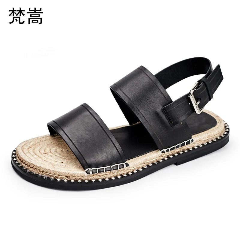 

Summer thick-soled Roman sandals Mens breathable buckle leisure leather sandals Individual straw weave non-skid outdoor shoes