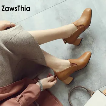 

ZawsThia PU artificial leather low heeled woman shoes with metal ring decoration grandma shoes women glove shoes size 44 45 46