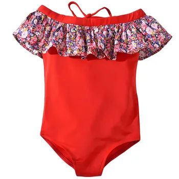 

Baby Kids Girls Off Shoulder Ruffles Floral Beach Swimwear Swimsuit (Red )