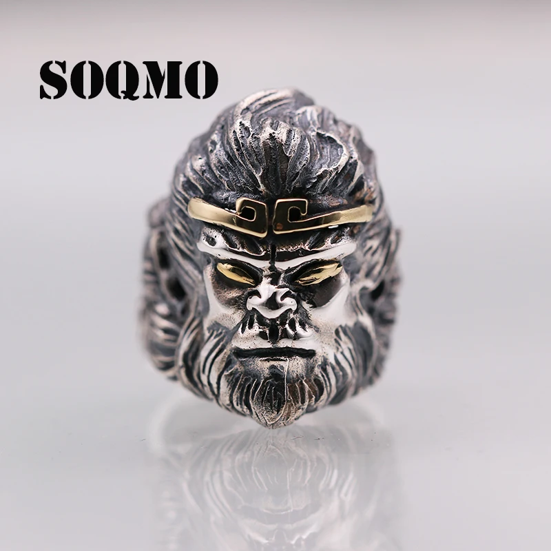 buy SOQMO Real Soild 925 Silver Opening Monkey King Cool Big Rings for Men Vintage Punk Ring Adjustable Sterling Jewelry SQM216