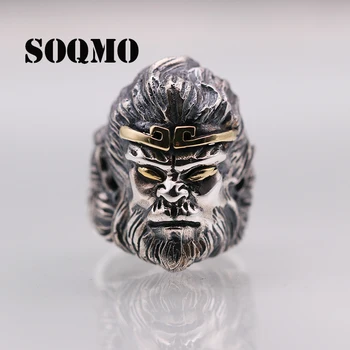 

SOQMO Real Soild 925 Silver Opening Monkey King Cool Big Rings for Men Vintage Punk Ring Adjustable Sterling Jewelry SQM216