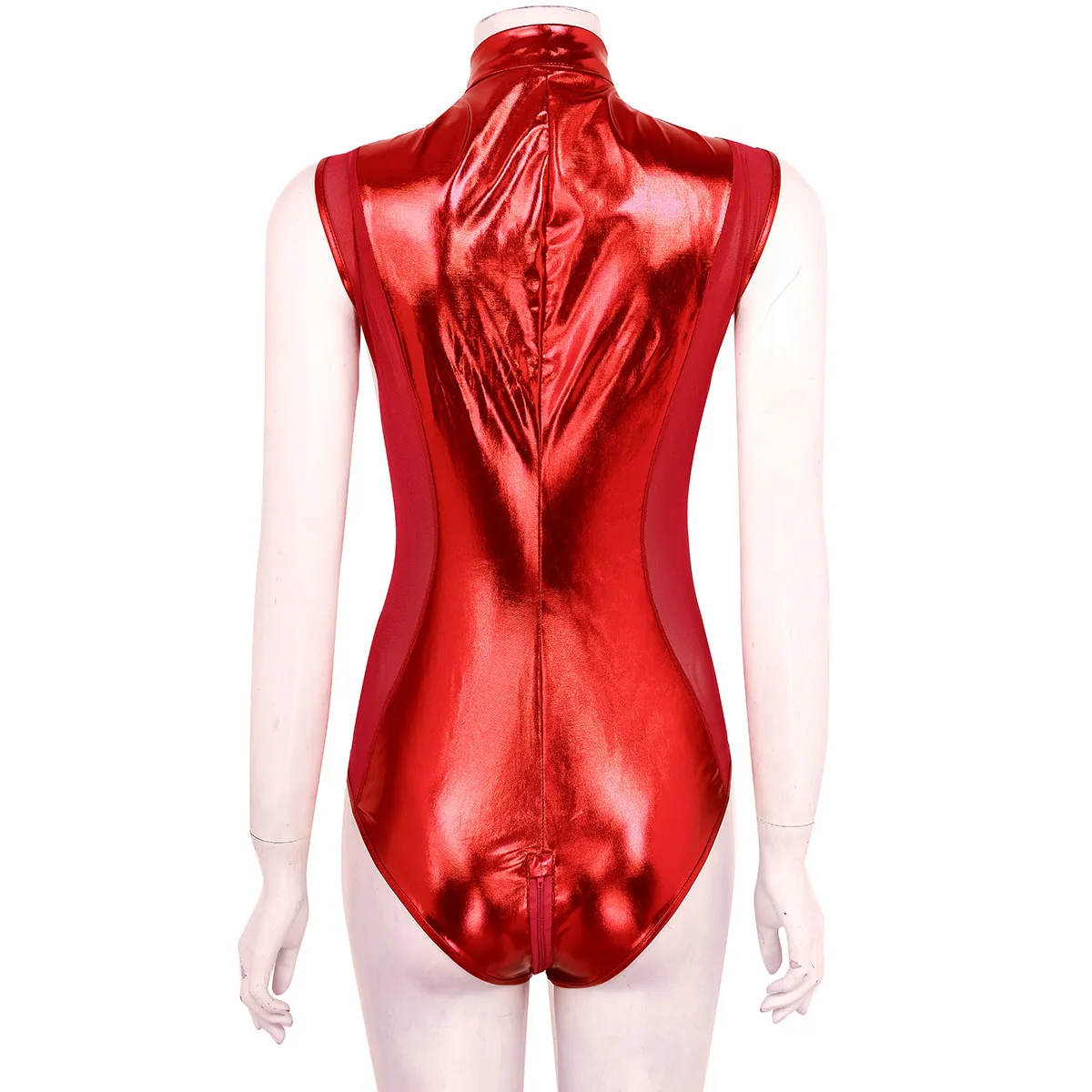 sexy bodysuit TiaoBug Women Metallic Patent Leather Sheer Mesh Splice Zipper Leotard Nightclub Party Rave Sexy Bodysuit Performance Costume orange bodysuit