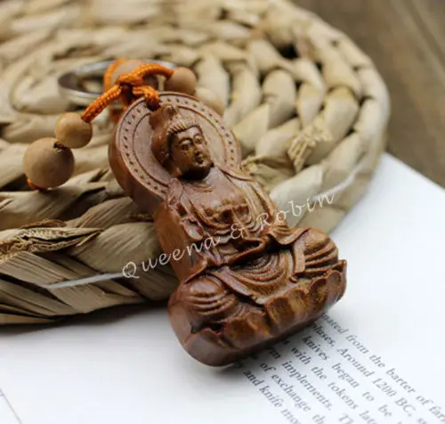 Buddha Shakyamuni Statue Wood Carving Chinese Wooden Pendant Key Chain Keyring