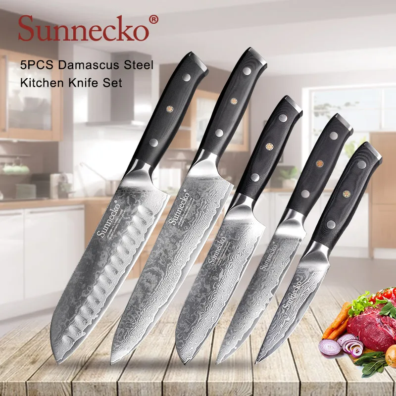 

SUNNECKO 5PCS Knife Set Santoku Utility Chef Kitchen Knives Japanese Damascus VG10 Steel Meat Cut Tools Knife G10 Sanding Handle