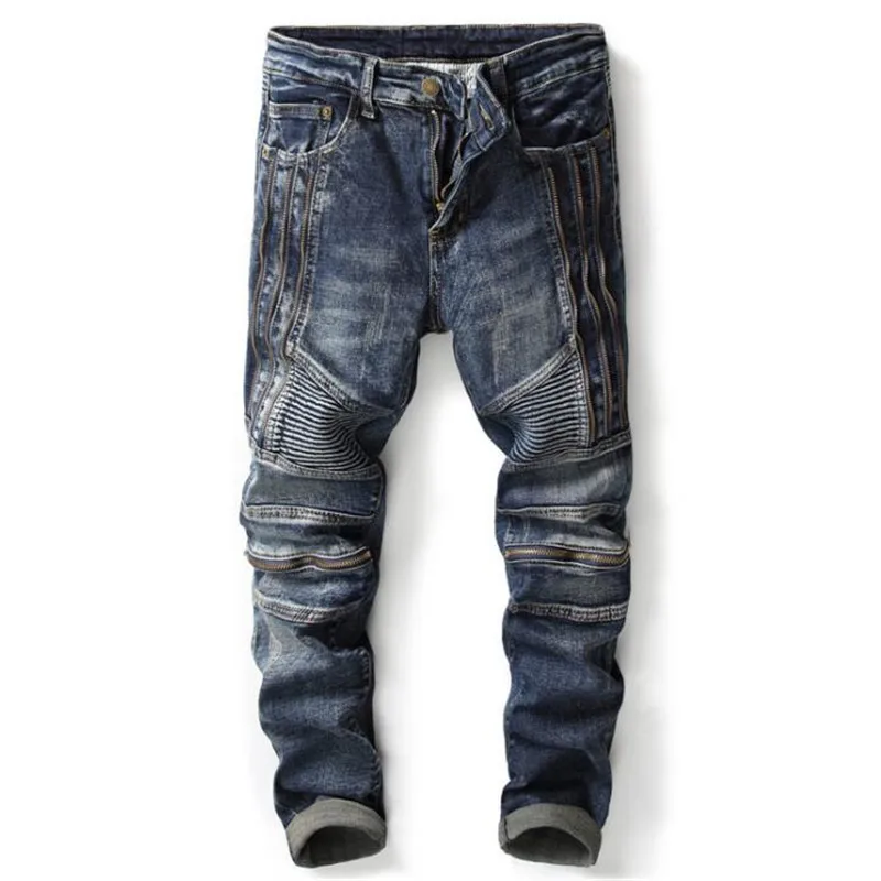 Мода ретро синие джинсы homme Для мужчин джинсы Байкер Поддельные молнии деним, moto Straight в стиле панк-рок джинсы для Для мужчин брюки плюс