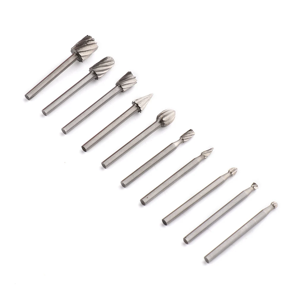 

10pcs HSS Routing Router Grinding Bits Burr File Set Milling Cutter 1/8 inch Shank For Dremel Engraving Wood Rotary Tool