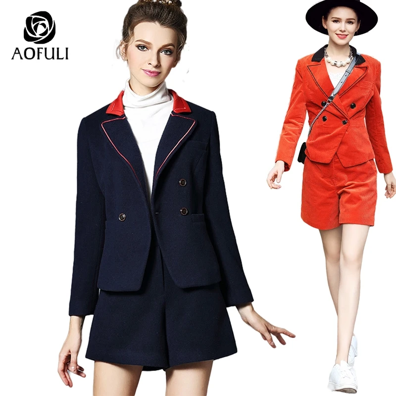 

AOFULI L - 5XL turn-down Collar Ladies 2 Pcs Short Pants Suits double-breasted Tops Long Sleeve Women Casual Sets B3135