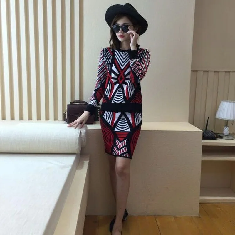 Women Knit Geometric Pattern Sweaters Tops + Skirt 2 Piece Set 2018 New Ladies Autumn Casual Long Sleeve Knitted Suit LY599