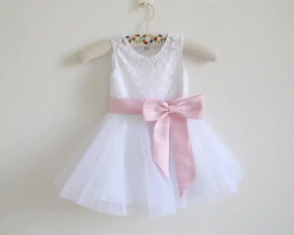 white flower girl dress with pink sash
