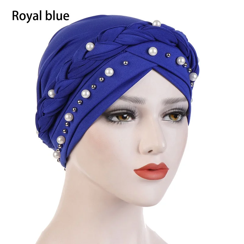 Женский эластичный мусульманский хиджаб, индийский тюрбан, шапка, модный однотонный бисер, оплетка, мусульманский головной убор, хиджаб, головной платок, женский платок - Цвет: royal blue