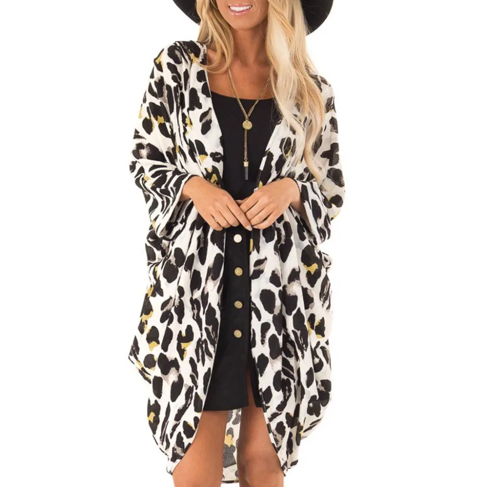Leopard Long Cardigan Women 34 Sleeve Chiffon Kimono Cardigan Beach Swimsuit Smock Cardigan Plus Size Camisa Feminina 40MR05 (1)