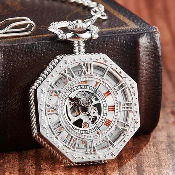 

Luxury Sliver Color Mechanical Pocket Watch Men Women Clock Hollow Skeleton Gear Dial FOB Chain Watches for Dropship Collection