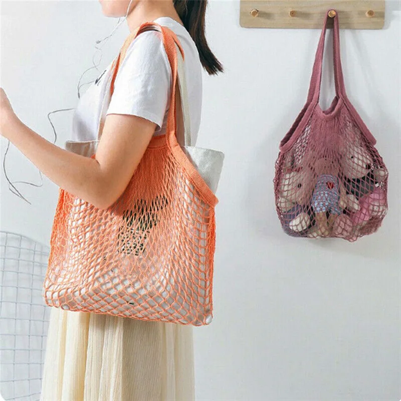 

Hot Sale Reusable Mesh Tote Net Woven Produce Bags Foldable Fruit Vegetable Drawstring Bad Portable Cotton Handbag Shopping bags