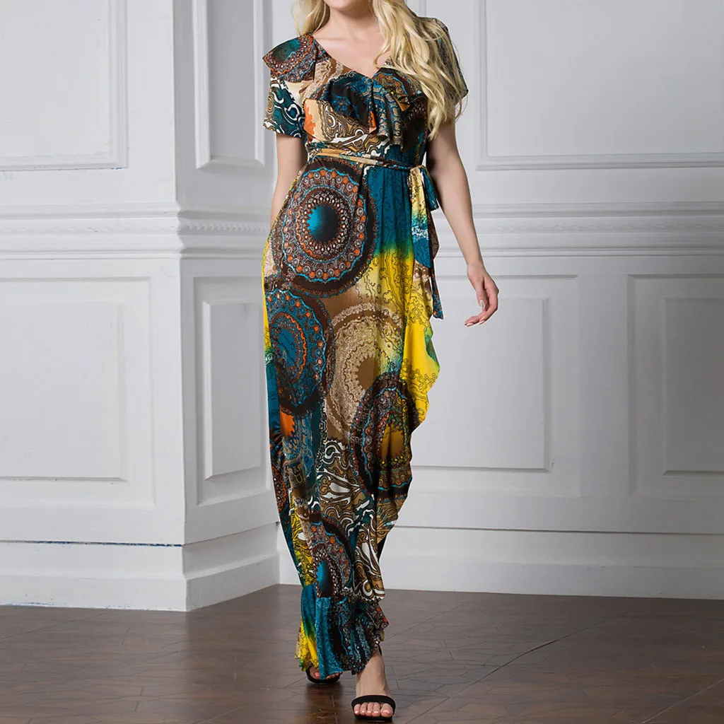 

Feitong Casual Loose Womens Dresses Fashion Casual V-Neck Floral Print Ruffles Sundress Short Sleeve Bandage Long Maxi Vestidos