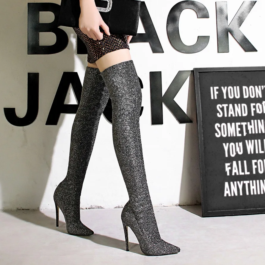 

Fashion Sexy Over the Knee Boots Women Shoes High Heels Sock Thigh High Boot Glitter Bling Ladies Winter Long Booties Black Gray