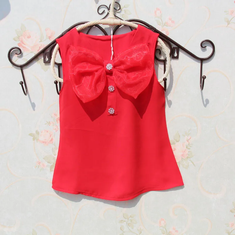 

2-15Y 2017 Summer Baby Teenage Girls Blouse Child Chiffon Bow Sleeveless School Girl Tan Tops Fashionable Shirts For Kids JW1042