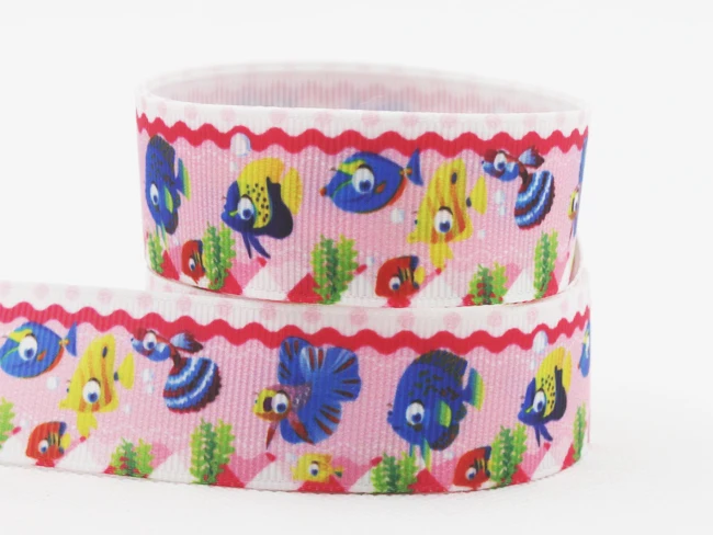 

[IuBuFiGo] 60 yards 1" Fish Printed Grosgrain ribbon 25mm Polyester Pink ribbons DIY Bow hair handmade 10Y1308 Free shipping