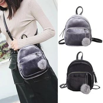 

Hot Sale Women Lady Velvet Backpack With Pompon Pleuche Zipped Shoulder Bag Solid Color Travel Casual Knapsack Popular AB@W3