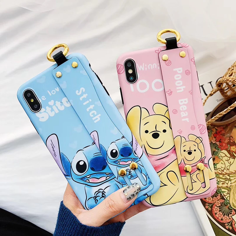 

Cartoon Stitch bear Winnie Pooh silicone bracket phone case for iphone 7 8 6 S plus X XR XS MAX Minnie Wrist ring phone coque