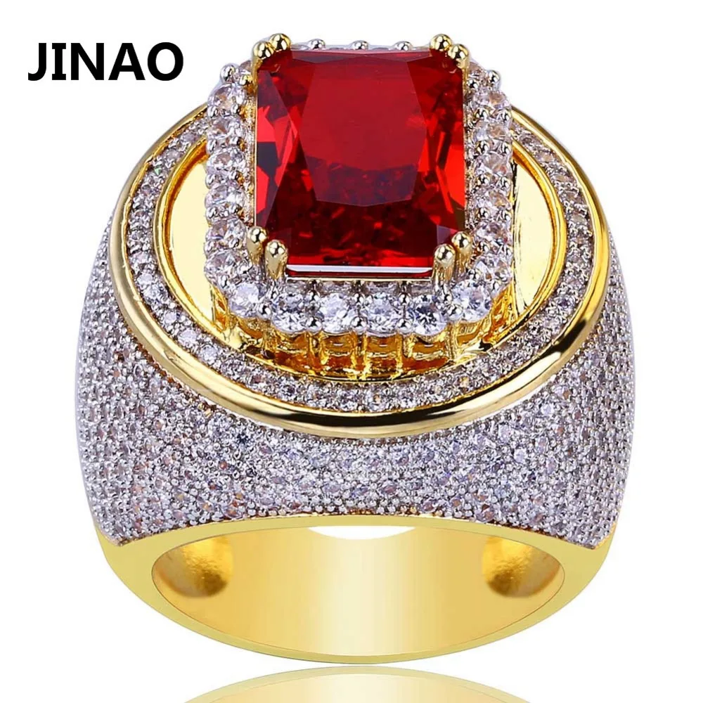 Jinao для хип-хопа микро проложить большой красный CZ камень кольцо все льдом яркое кольцо для мужчин женщин ювелирные изделия с 7,8, 9,10, 11 размер