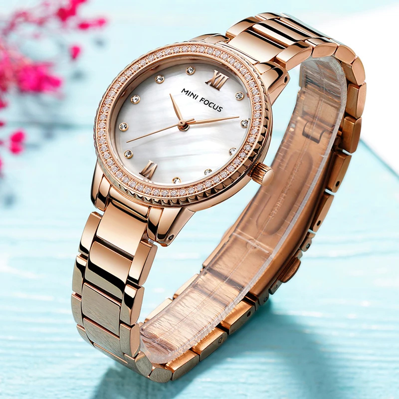 MINI FOCUS Women's Simple Dress Quartz Watches Luxury Stainless Steel Wristwatch Waterproof Relogios Lady Woman Clock 0226L Rose