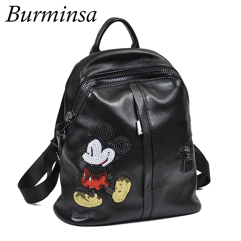 

Burminsa Brand Cute Mickey Genuine Leather Backpack Women's Designer Black Cartoon Travel Bags School Bags For Teenager Girls