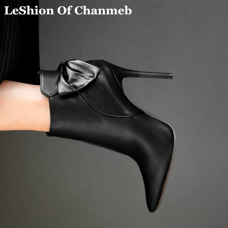 

Size 34-48 Sexy 10 cm thin high heels Pointed Toe ankle Boots for Women black white red Back Sweet Bow-knot Booties Ladies Shoes