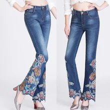 Лето Осень Модные женские потертые синие джинсы с вышивкой, женские растягивающиеся вышитые джинсовые брюки